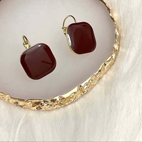 Red square earrings Eardrop with gold frame - Picture 5 of 5